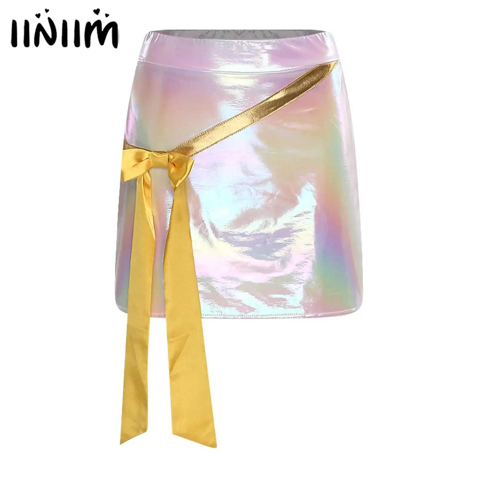 

Womens Singer Iridescent Miniskirt Metallic Shiny Brocade with Bow Decor A-line Skirt Jazz Music Party Themed Party Costume