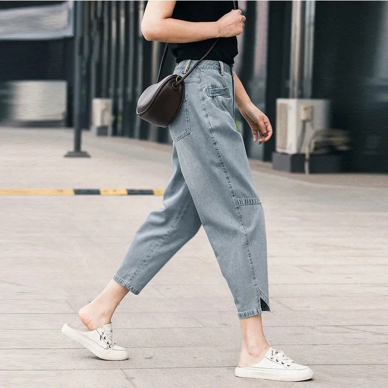 

Spring Summer High Waist Slim Fit Harlan Pants Women's Ele Light Blue Casual Nine Point Cabbage Pants Faionable Trousers