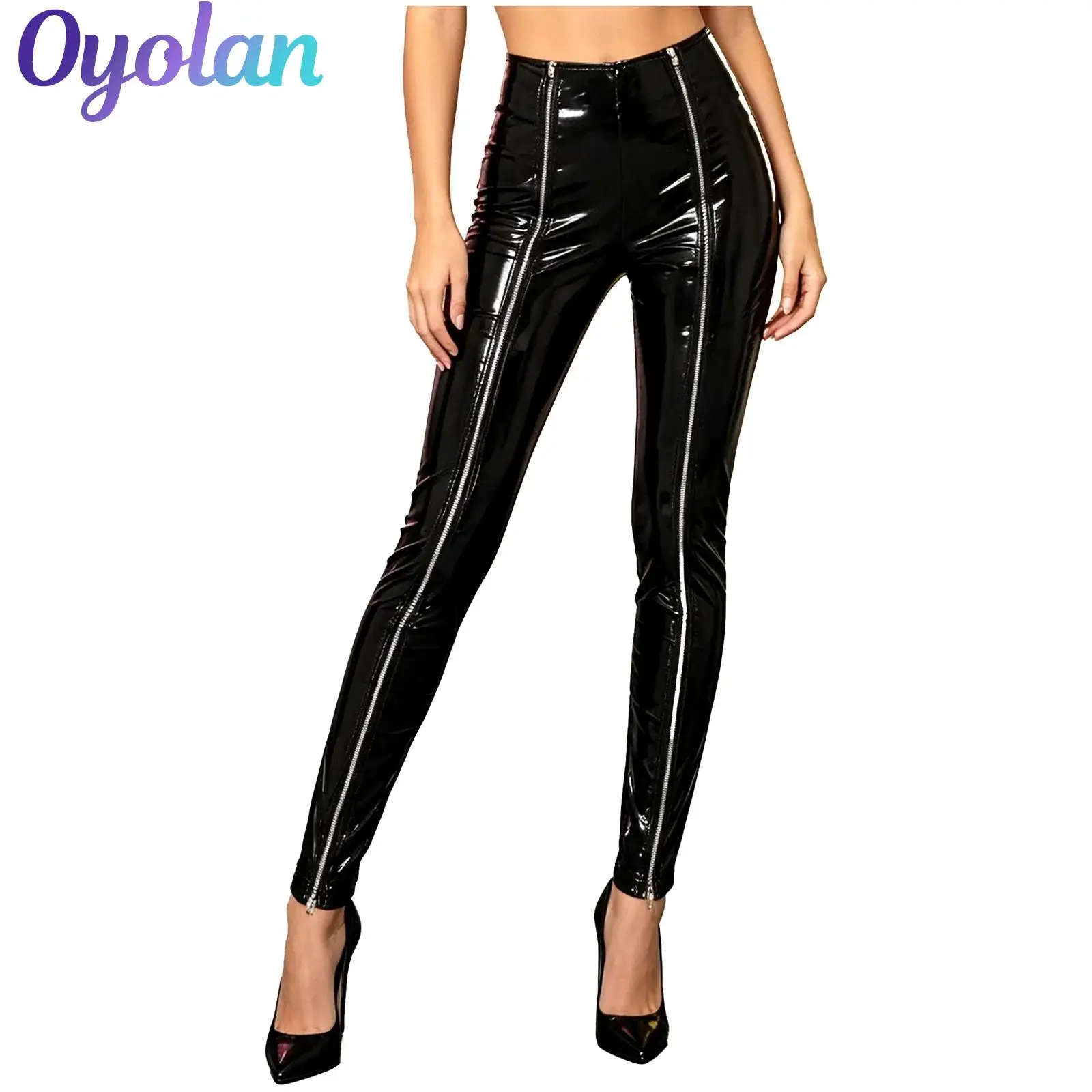 Women High Waist Shiny PU Leather Skinny Pants Multi Zipper Slim‑Fit Glossy Trousers High Waist Leggings Wet Look Rave Clubwear