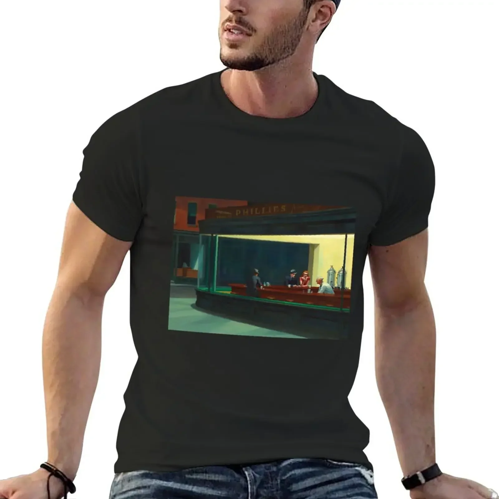 NIGHT HAWKS - EDWARD HOPPER Photographic Print T-Shirt oversized heavyweights oversized graphic tee Men's clothing