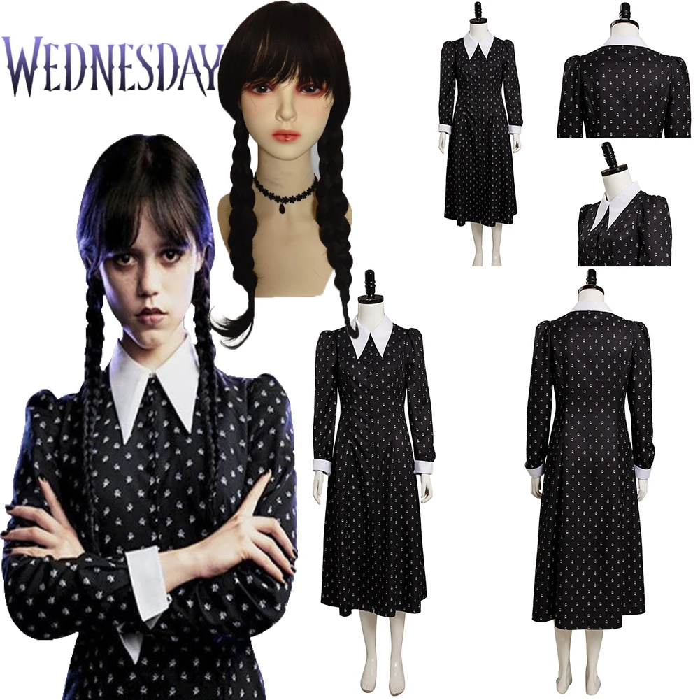 

Wednesday Cosplay Dress Addams Cosplay Costume Wig Dress Vintage Black Gothic Printing Dresses Halloween Costumes for Women Girl