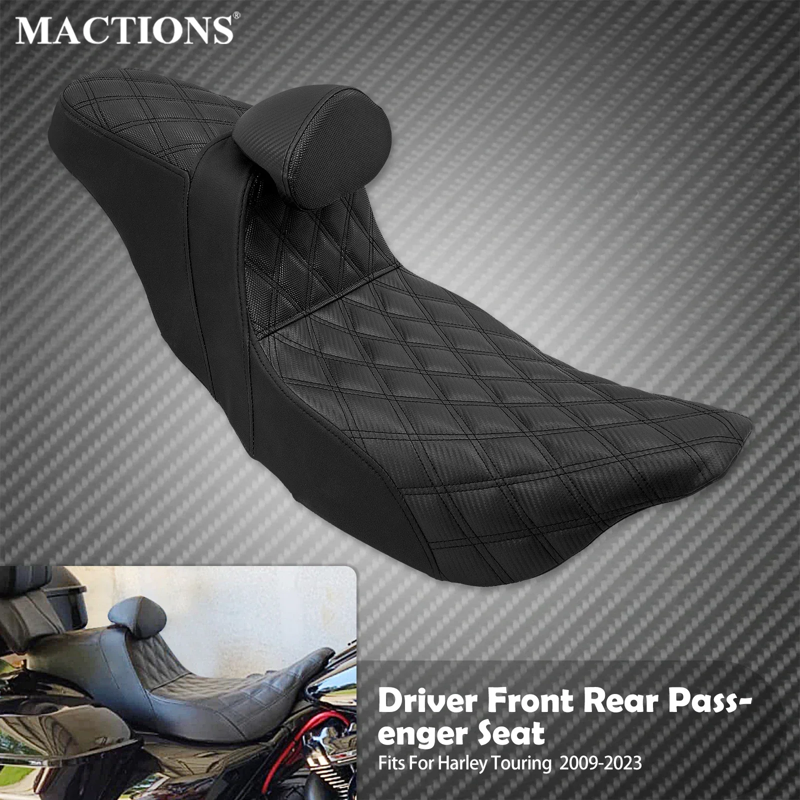 Motorcycle 2-Up Seat With Driver Backrest Cushions Lattice Stitch Front Rear Seat For Harley Touring Electra Glide FLHR 2009-23