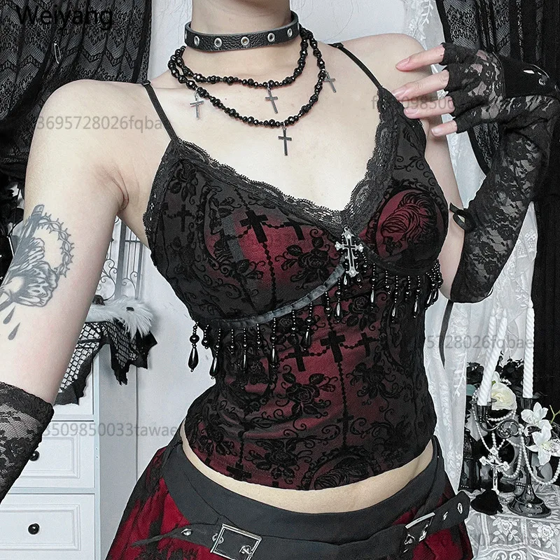 Vintage Mall Gothic Flocking Camisole Damen Ästhetik Fairycore Grunge Y2k E-Girl Spitzen-Patchwork Perlen Crop Tank Tops