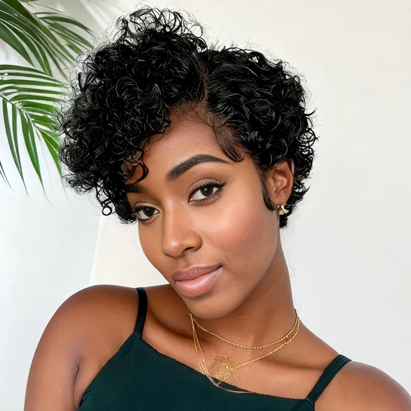 

13x1 T part lace pixie cut wig short curly layered human hair wig black color for women daily party use wig