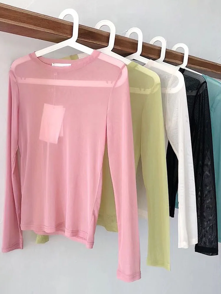 Sun Protection Ice Silk Mesh Long Sleeve T-Shirt Women's Summer Inner Wear Candy Color Base Layer Transparent Cover Thin Shirt