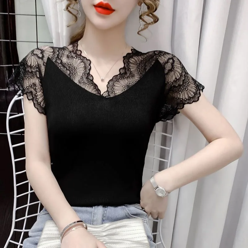 2024 New Floral Lace Panel Elastic T shirt Women Lace Sleeve Vest Blouse Fashion Ladies Blouses Tops Black White Pink Female Tee