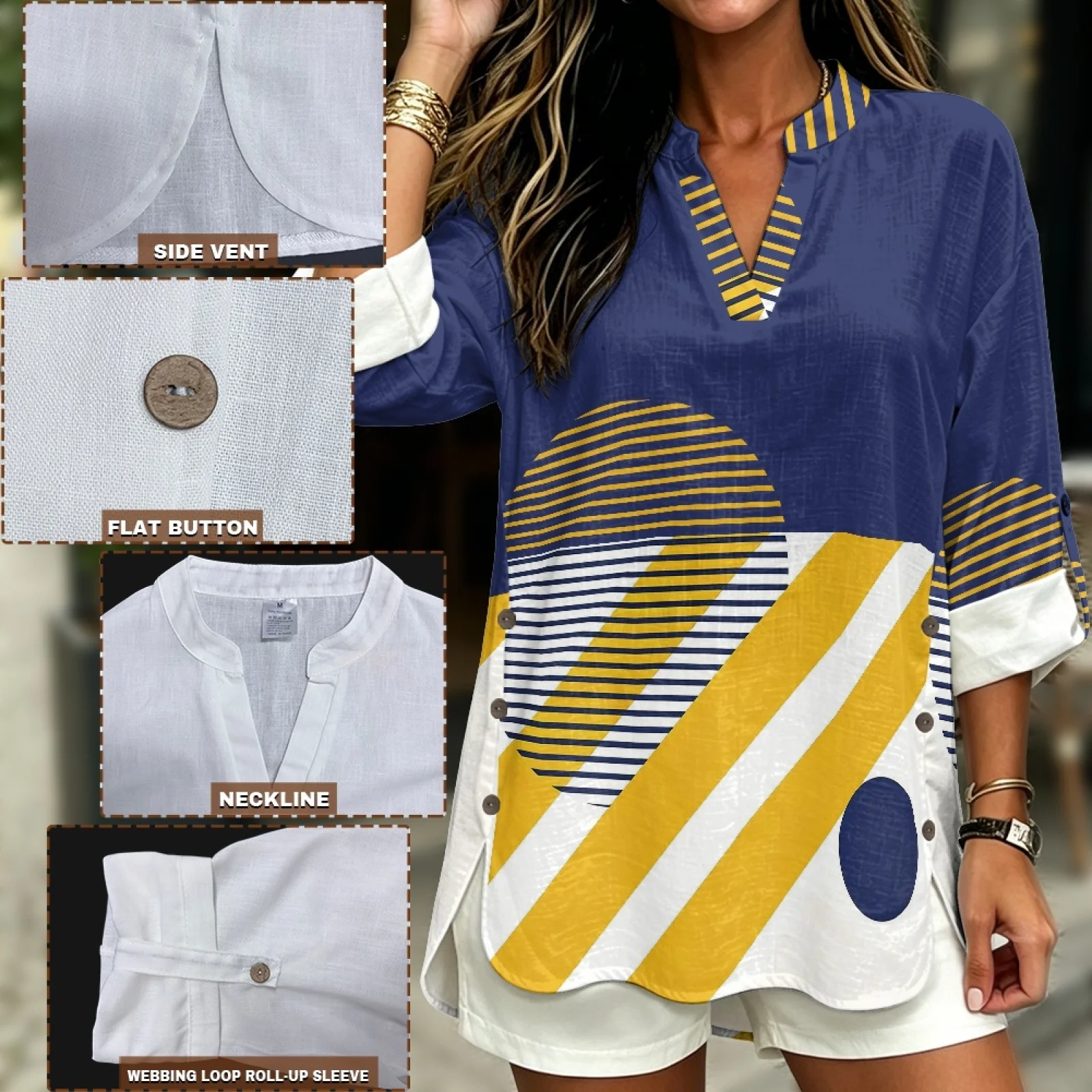 INSTANTARTS Women'S Linen V-Neck Shirt Breathable Long-Sleeved Top Blouse Roll-Up Cuffs Lightweight Comfortable Soft Abstract view 5