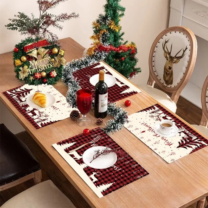 New Christmas Placemats Set Santa Linen Stain Heat Resistant Table Mats Holiday Dining Decor