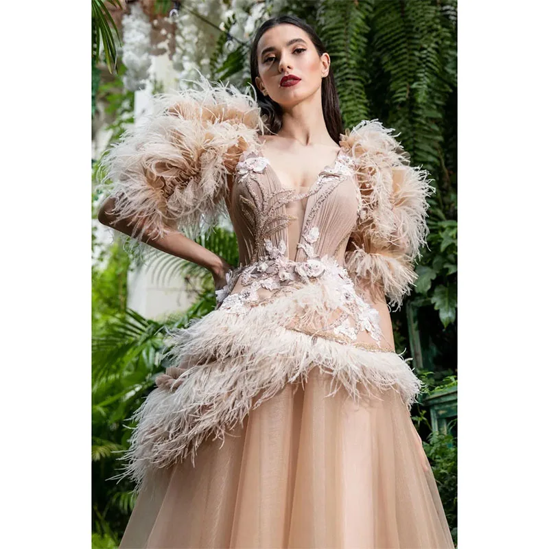 Vestido de fiesta de lujo de plumas champán, cuello en V, apliques de encaje con cuentas, manga corta, vestidos de celebridades, hasta el suelo, vestido de noche Formal