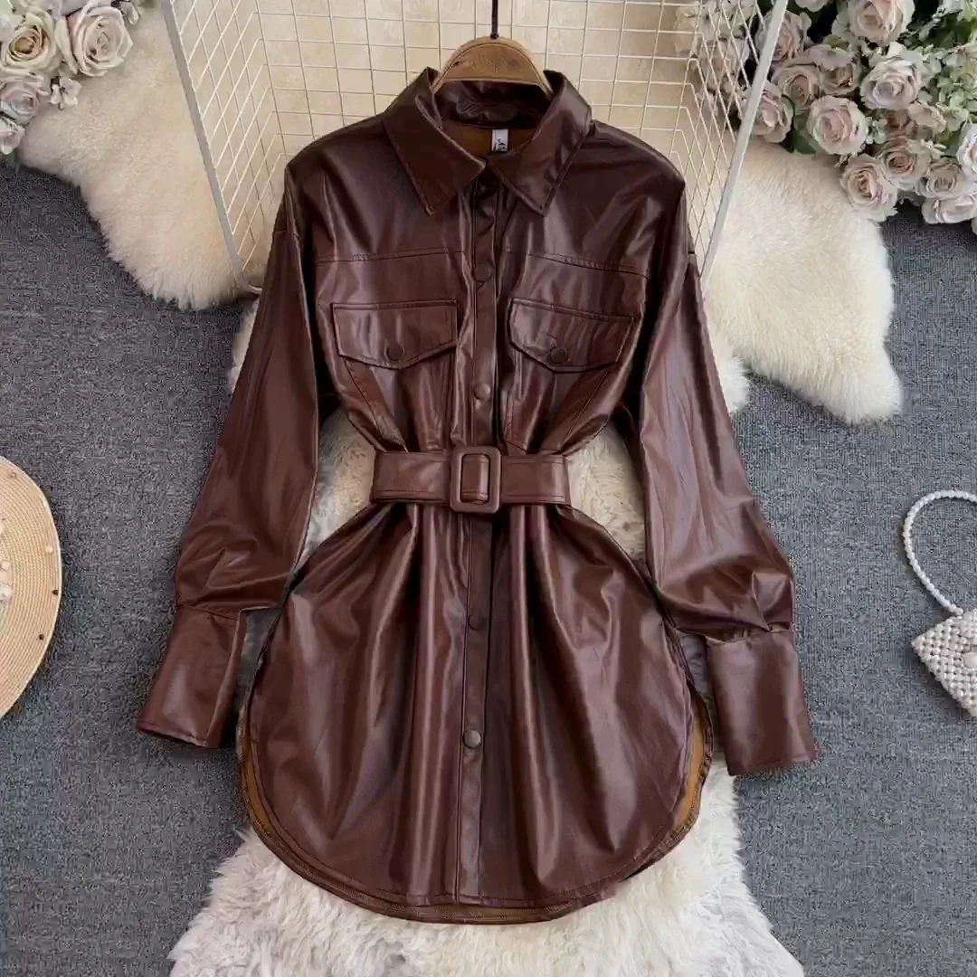 Autumn Winter PU Dress Women Turn-down Collar Single-breasted with Belt Long-sleeved Jacket Casual Fashion Solid-color Skirt