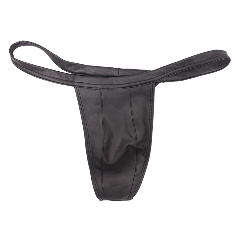 Narrow Crotch PU Leather Briefs Elastic Fit PU Leather Material Daily Wear Thongs For Men Black As Pictures Show