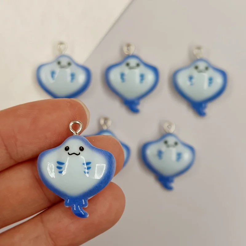 6Pcs Cute Resin Blue Stingray Charms Fun Cartoon Sea Animal Pendants DIY Jewelry Making Handmade Craft Accessories