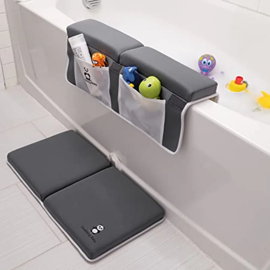 Bath Kneeler and Elbow Rest Pad Set - 2PC Premium Baby Bath Mat Set - Non-Slip Kneeling Pad with Storage Pockets - Machine Wash
