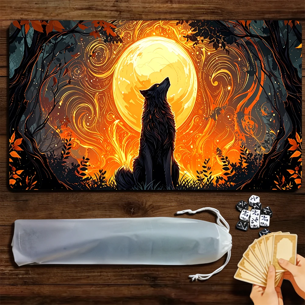 Mysterious Black Wolf TCG Playmat Magic Playmat Gathering Gaming Mat with Stitched Edge Anti-slip base 60X35cm Trading Card Game