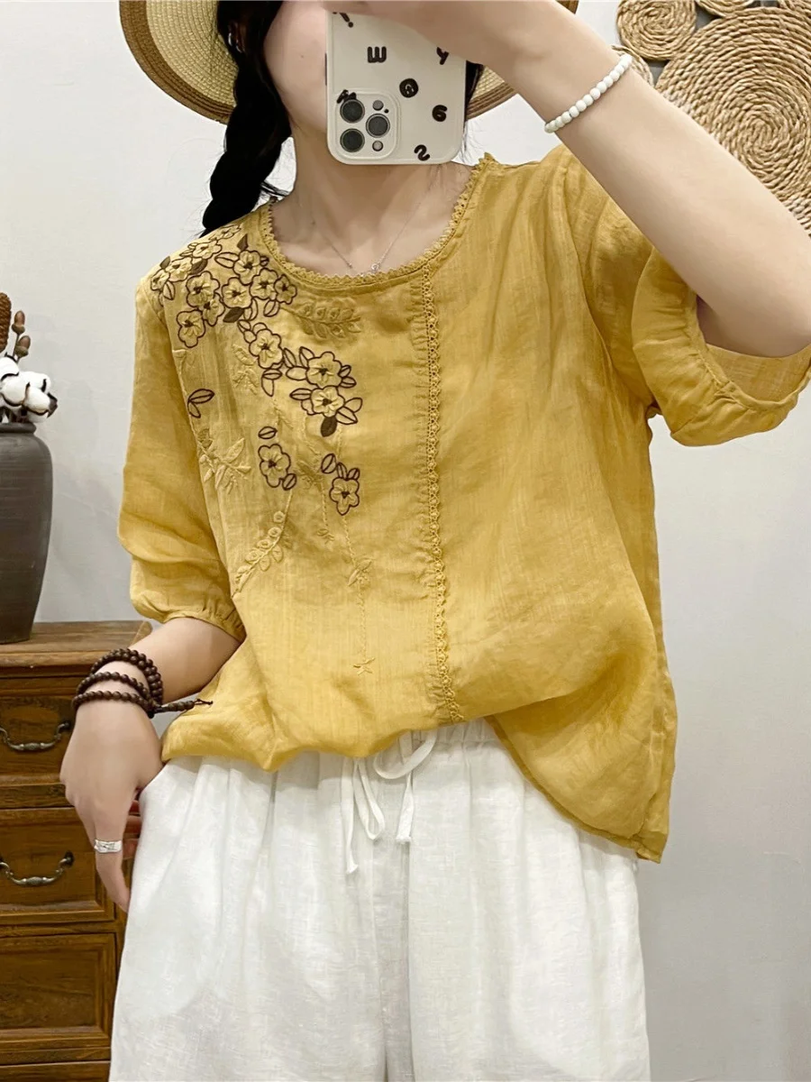 New Summer Linen Cotton Blouse Women Elegant Button Short Sleeve Shirt Round-neck Lesbian Tops and Blouses Streetwear A900