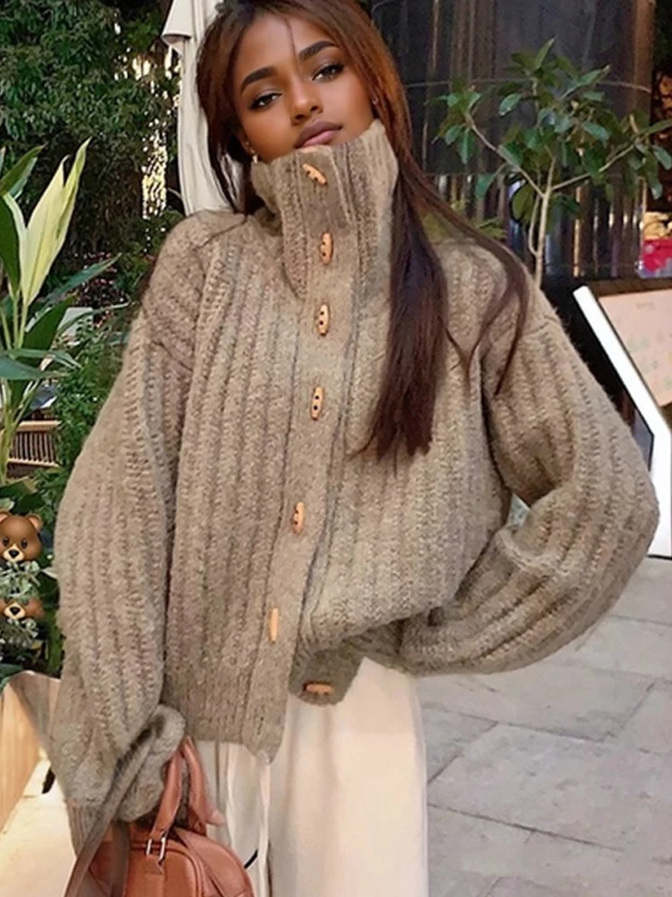 

Элегантный свободный женский свитер с воротником 2022, винтажный кардиган в корейском стиле, вязаные куртки, зимний повседневный утепленный трикотаж, топ