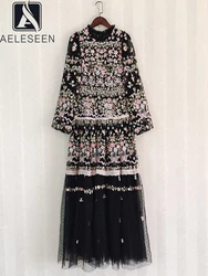 AELESEEN High Quality Women Maxi Party Dress Runway Fashion Autumn Winter Flare Sleeve Gauze Flower Embroidery Mesh Ruffles