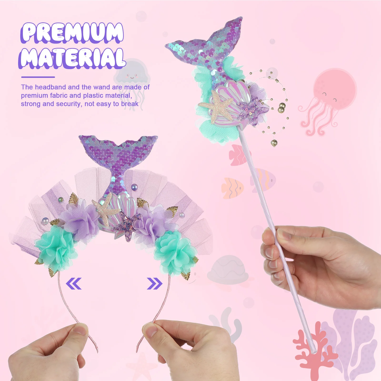 ชุดเครื่องประดับนางเงือก 1 ชุด ประกอบด้วยที่คาดผม ไม้กายสิทธิ์ หางประดับเลื่อม ดีไซน์น่ารัก สำหรับเด็กผู้หญิง เหมาะสำหรับงานคอสเพลย์ งานวันเกิด ของตกแต่ง ชุดแฟนซี