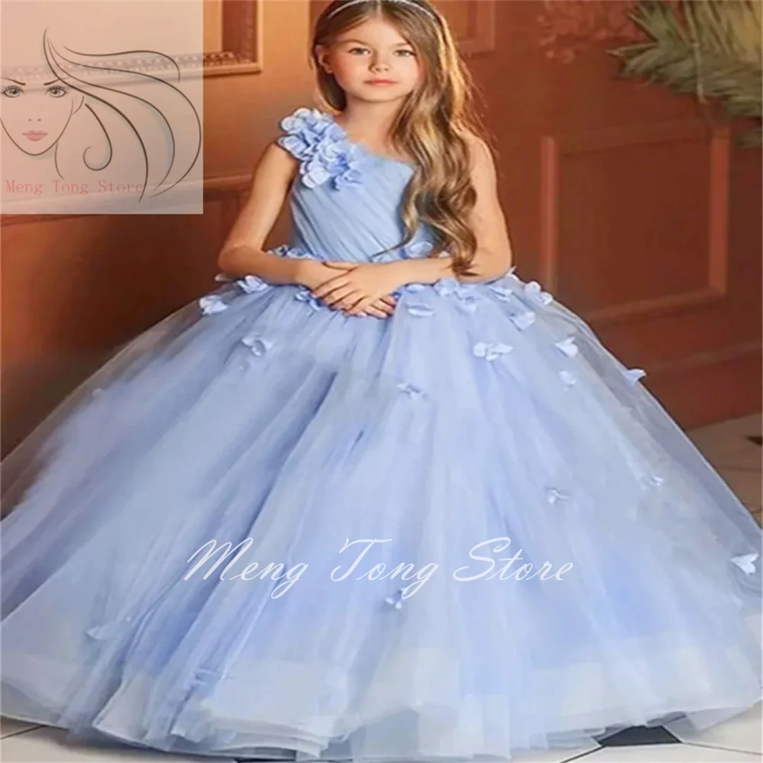 Vestidos hinchados de un hombro para niña, vestidos de flores con ajuste de flores, Princesa, fiesta de boda, primera comunión, vestidos de espectáculo de moda, azul cielo