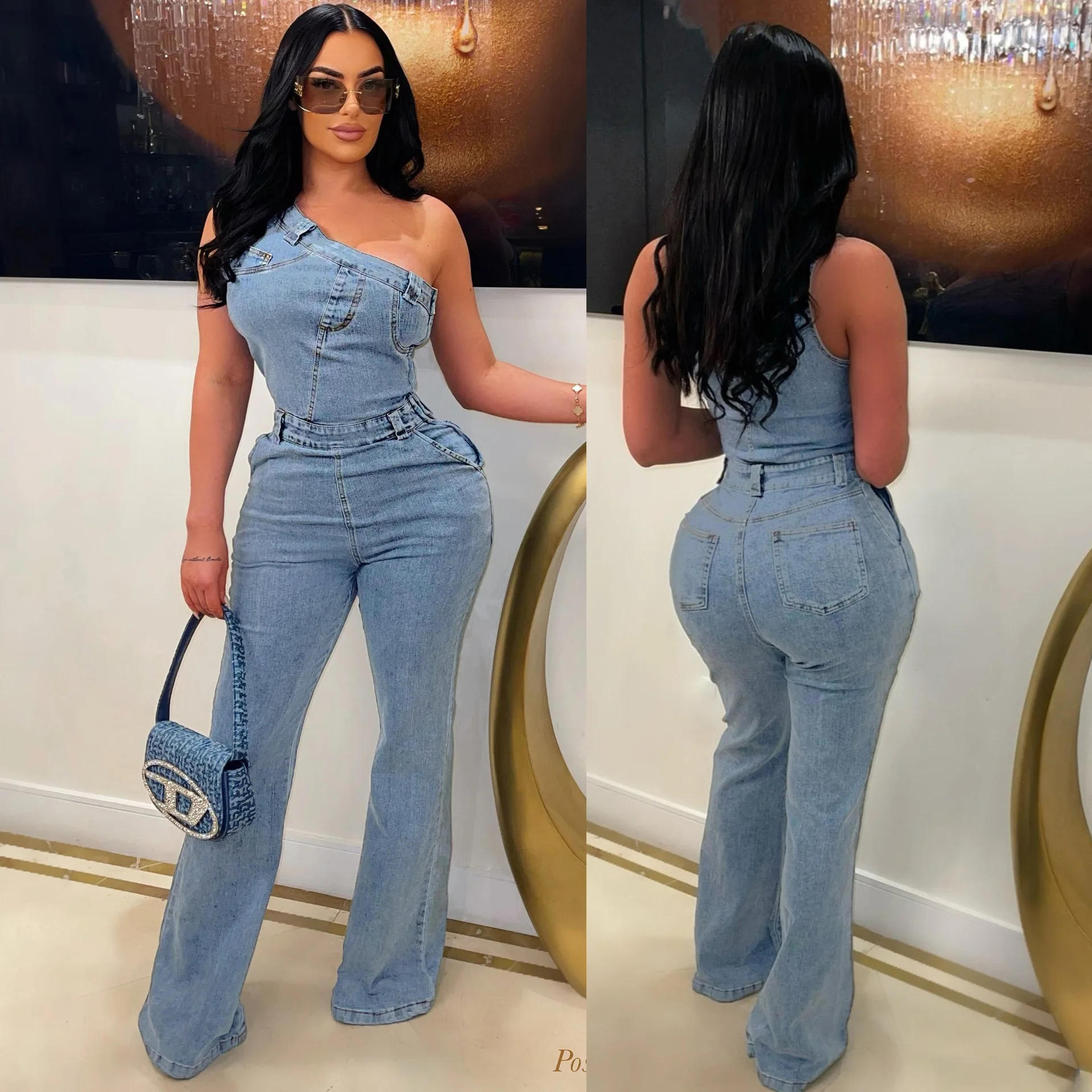 Summer Women Casual Diagonal Shoulder Tight Waist Slim Stretch Denim Romper Jumpsuit Streetwear Flared Pants Jeans Jumpsuit