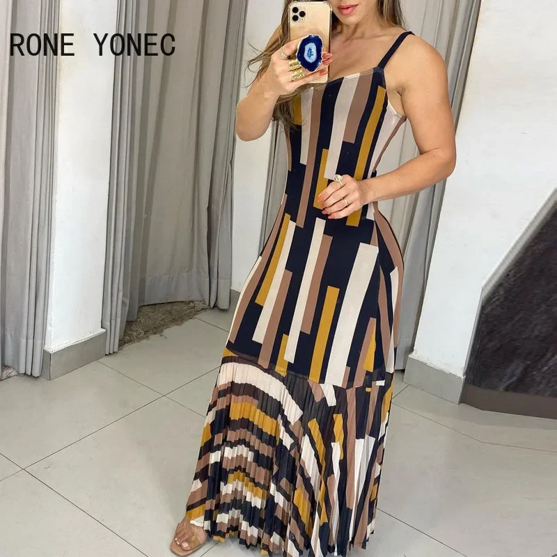 Vestido de fiesta informal elegante para mujer, tirantes finos, rayas, Bodycon, pliegues, Maxi