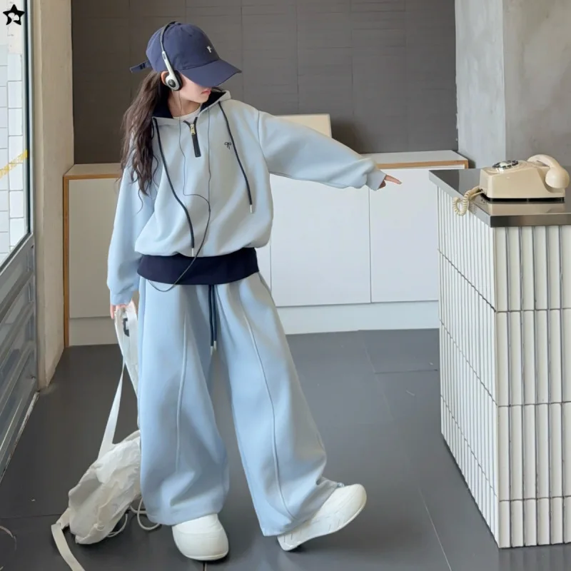 

Осенний детский спортивный костюм из 2 предметов для девочек, лоскутная толстовка с капюшоном на полумолнии + широкие брюки на шнурке, детская одежда для девочек