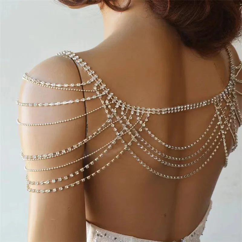 Luxury Rhinestone Shoulder Hain Jewelry Multi-level Design Boho Style Wedding Bride Crystal Shawl Body Chain Free Shipping