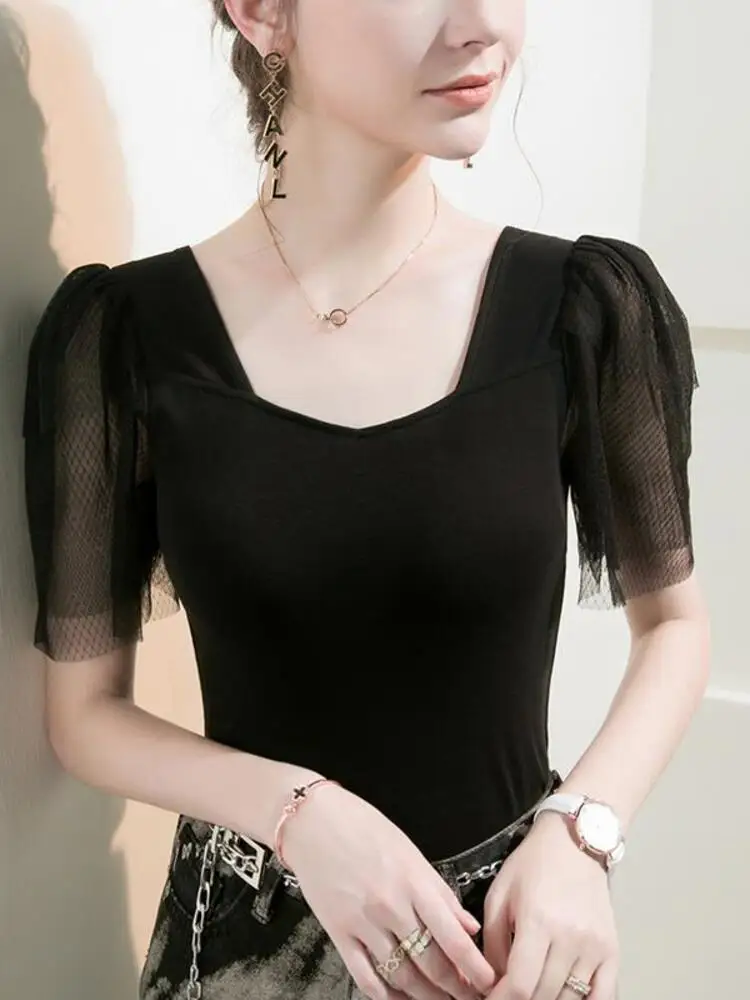 Square Neck Short Sleeved T-Shirt, Women's Gauze Bubble Sleeve Patchwork, 2025 Summer New Stylish Black Temperament Top