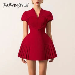 TWOTWINSTYLE Solid Patchwork Folds A Line Dresses For Women V Neck Short Sleeve High Waist Slimming Temperament Dress Female New