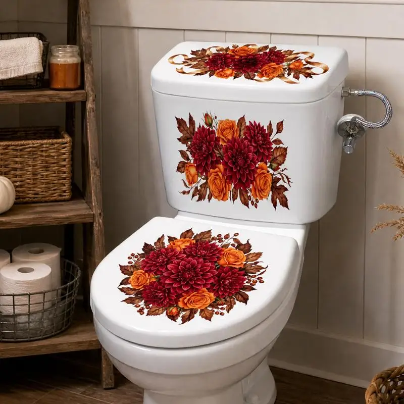 Floral Toilet Lid Sticker Waterproof Easy to Clean Bathroom Wall Decal Self-Adhesive Removable Decor for Home Restroom