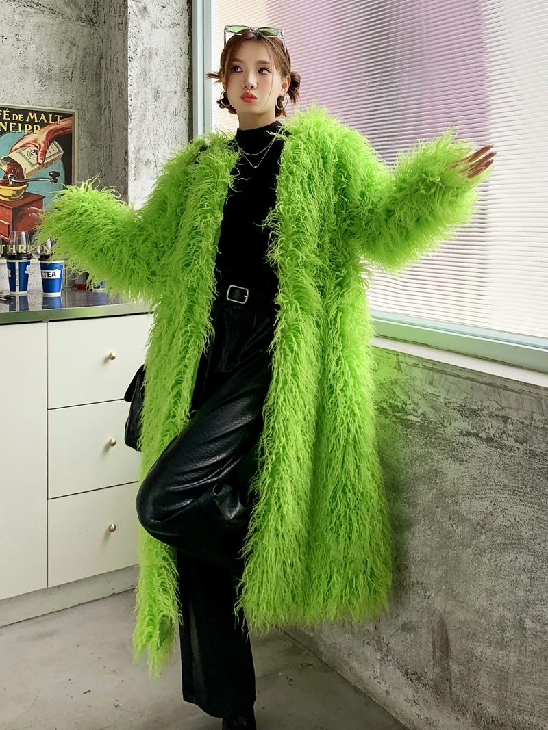 Female Fashion Green Faux Fur Coat Factitious Wool Outerwear Lady Over the Knee Long Jacket Women\'s Winter Coats Promotion