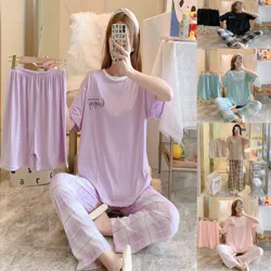 3 Sets Of Summer New Women's Short-Sleeved Pajamas Set Of Girls' Long Trousers Casual Homewear Suit Maternity Loose Homewear