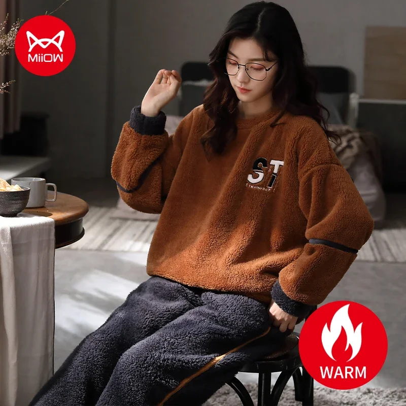 MiiOW Flannel Warm Winter Women\'s Pajamas Set Coral Fleece Loungewaer Thicken Long-sleeves Sleepwear Loose Leisure Woman Pyjamas