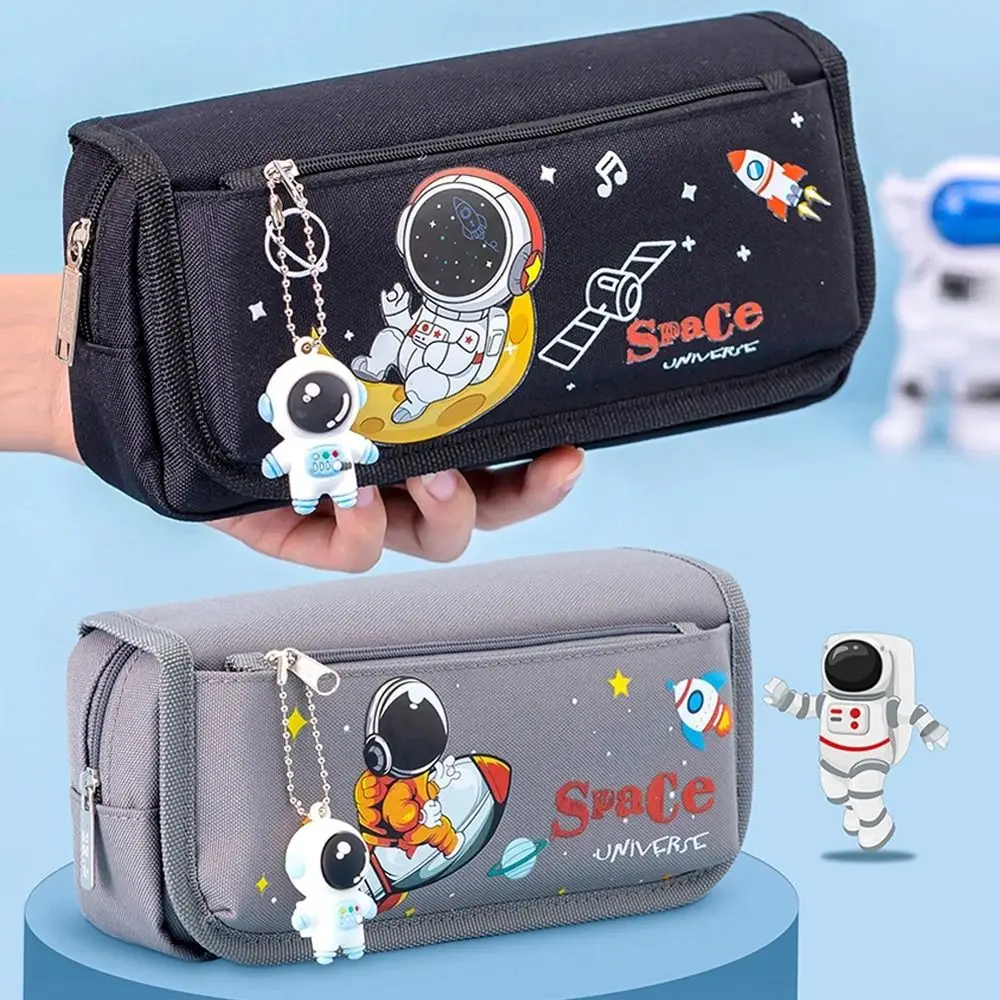 Studen Large Capacity Astronaut Pencil Case Double Layer Canvas Stationery Bag Kawaii Cartoon Pencil Bag Pen Box