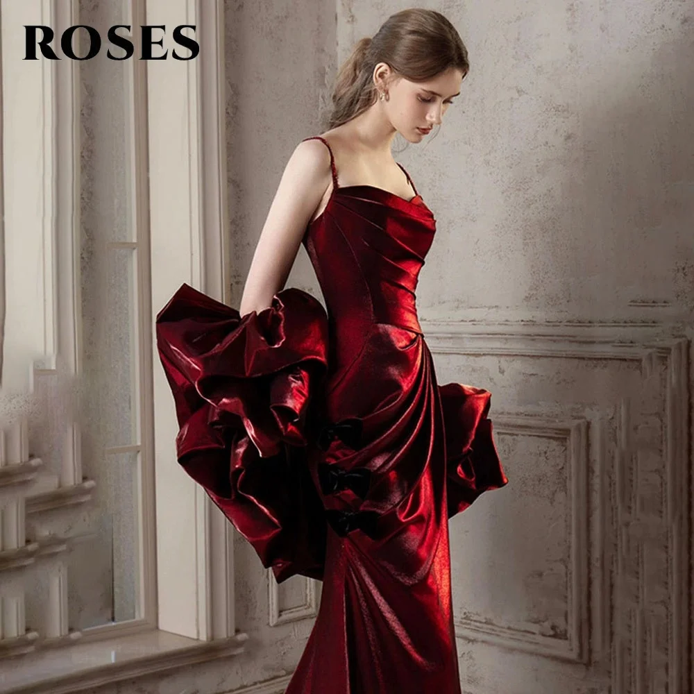 

ROSES Burgundy Spaghetti Strap Stain Prom Dress with Pleats Mermaid Celebrity Dresses Women's Evening Dress for Gala Customized