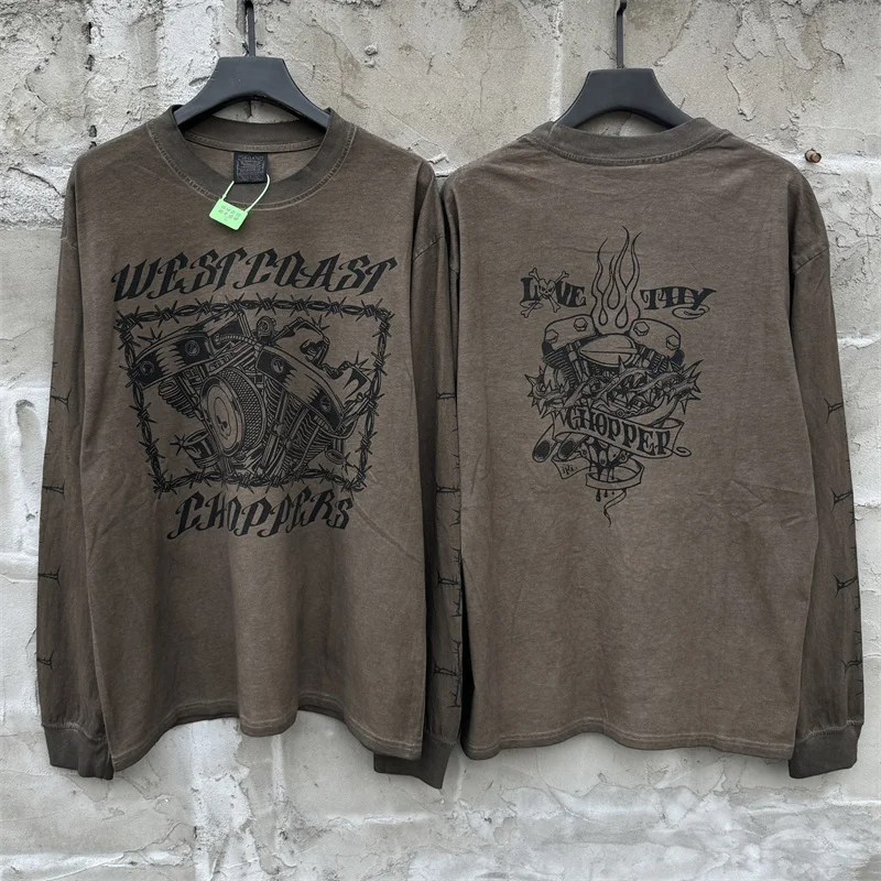 

West Coast Washed Long Sleeve T-shirt Men Women High Quality Vintage Military Fabric Effect Tops Tee
