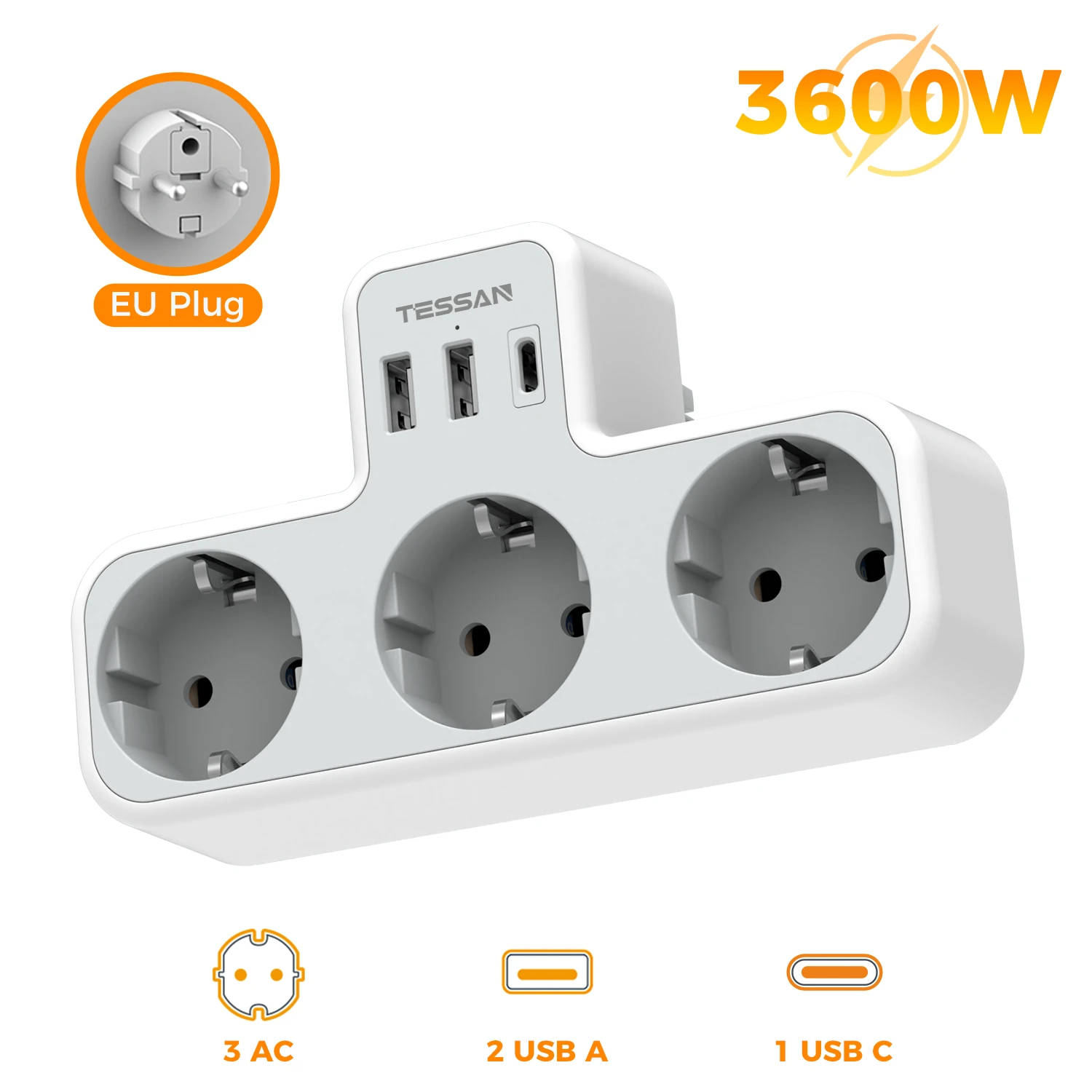 TESSAN Mehrere Steckdosen mit 3 AC-Steckdosen, Ladeanschlüssen, EU-Stecker, Wandsteckdosenleiste mit Überlastschutz, 3fach Stecker Eu