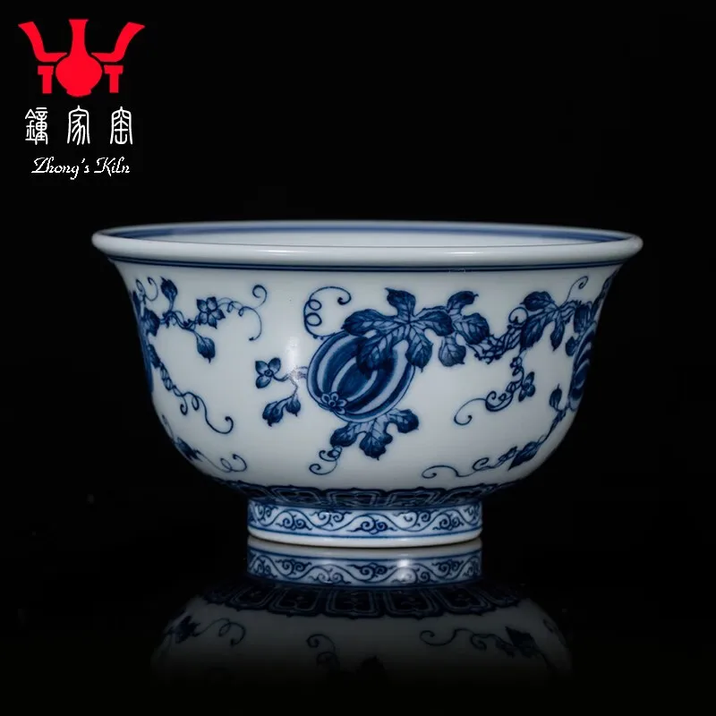 Zhongjia Kiln (Zhongg's Kiln) Zhongjia Kiln Master Cup Jingdezhen Firewood Kiln Blue and White Hand Drawn Watermelon Rattan Pres