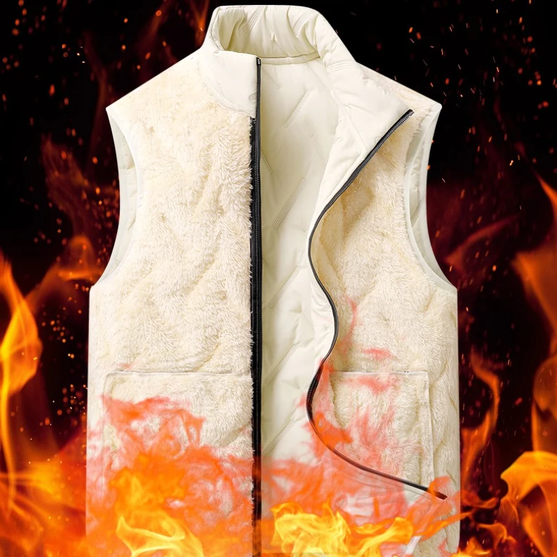

Autumn Men's Fleece-Lined Thickened Warm Vest Stand Collar Sheepskin Sleeveless Parka Jacket Winter Outdoor Windproof Waistcoat