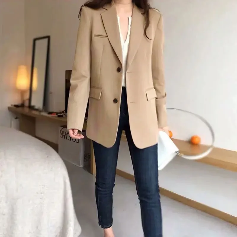 Kobiety Blazer płaszcz w stylu Vintage moda karbowany kołnierzyk z długim rękawem topy damskie odzież wierzchnia eleganckie biuro kobiece podwójne