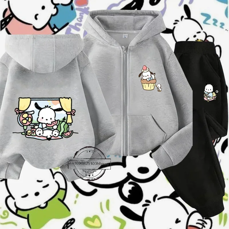 Pochacco Sanrio cartoon anime printed children's hoodie set Boys girls Harajuku casual zipper shirt Autumn and winter top