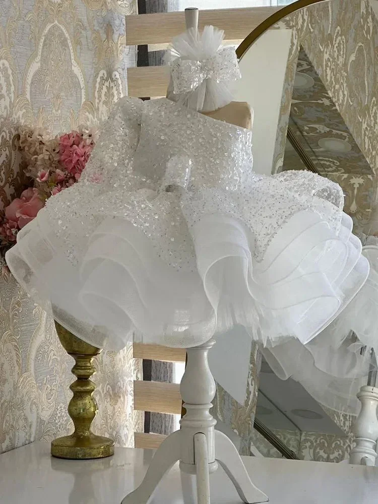 

Luxury Child Girl Wedding Dress White Beadings Party Dresses Beads Tiered Tulle Sleeves Puffy Flower Girl Dresses For Weddings