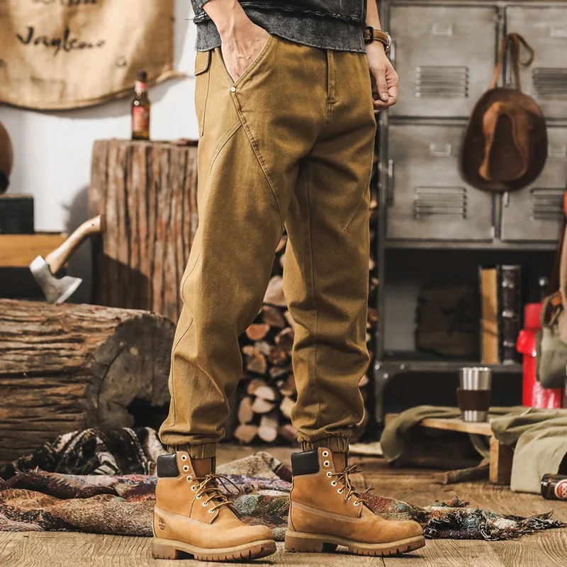 

American retro heavy overalls men's spring loose trendy brand cuffed pants men's Maillard trendy brand casual trousers