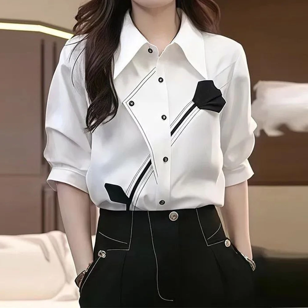 Three-dimensional flower  design splicing white seven-quarter sleeve women's 2026 summer new temperament loose and thin top