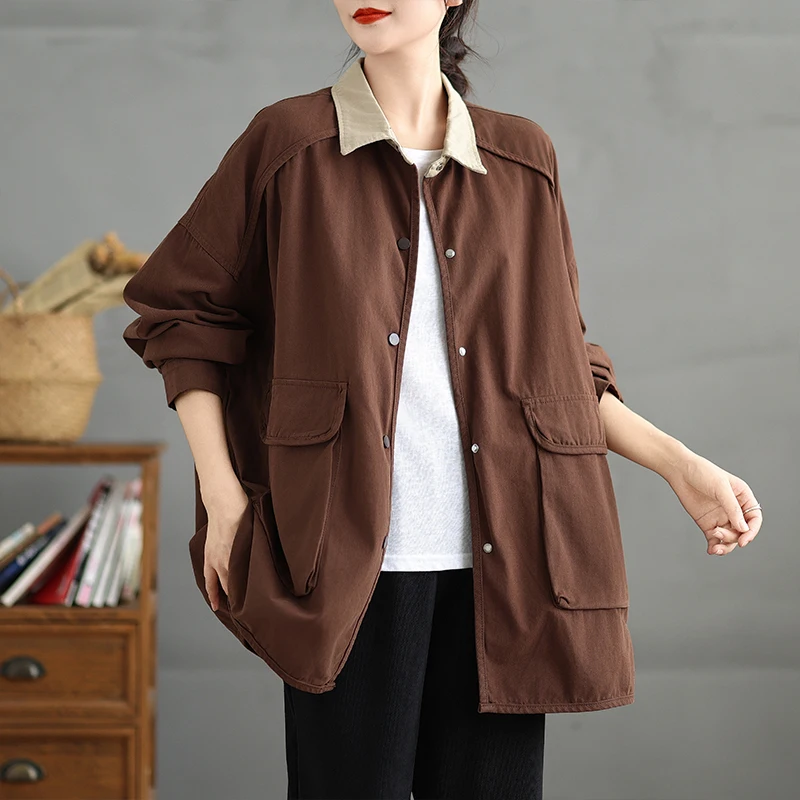 SuperAen Fashion Solid Color Loose Patchwork Lapel Collar Pocket Trench Coat for Women Autumn 2024 New Coat