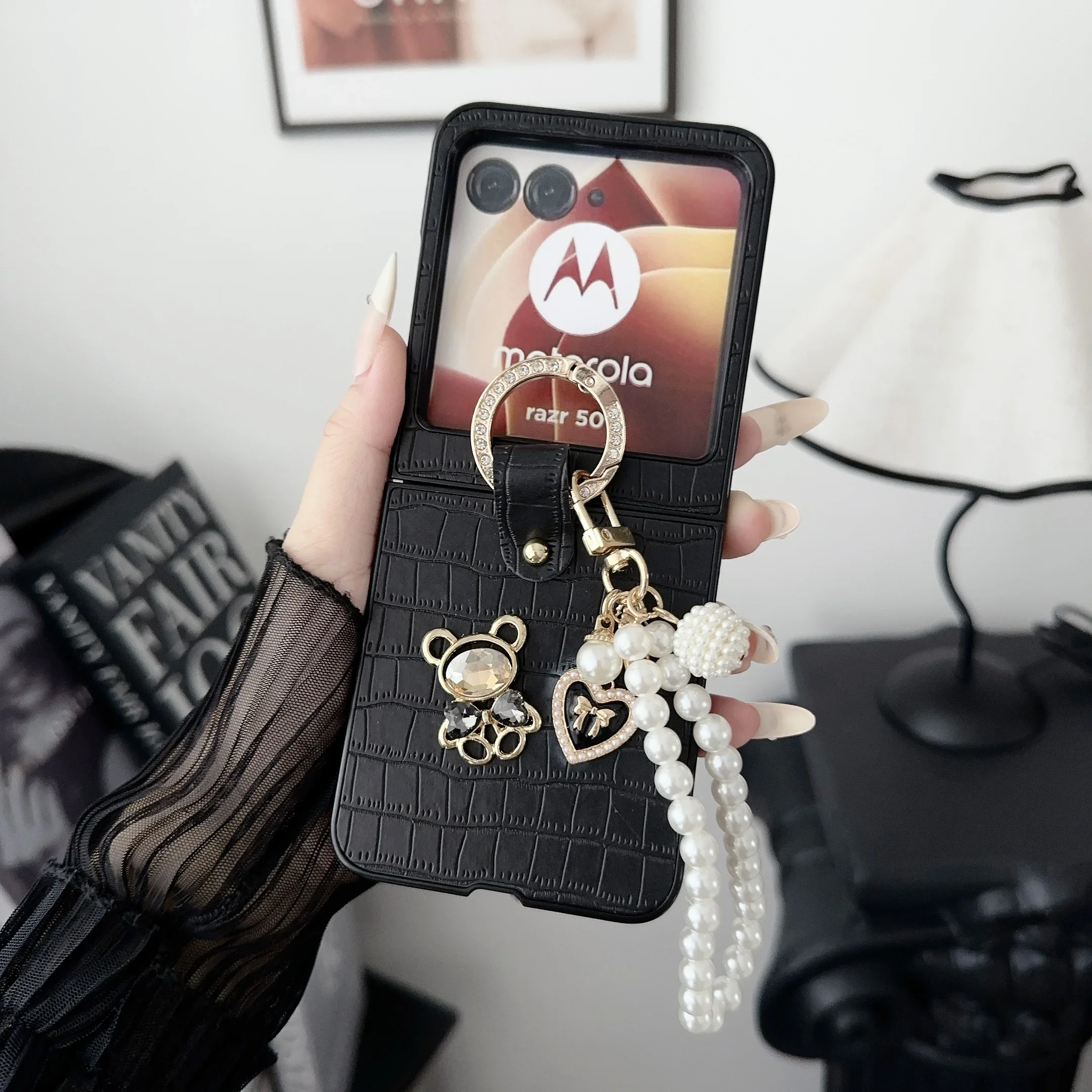 Case for Motorola Razr 50 Ultra 50Ultra Case Luxury Faux Leather Ring Lanyard Folding Shockproof Protection Hard Cover