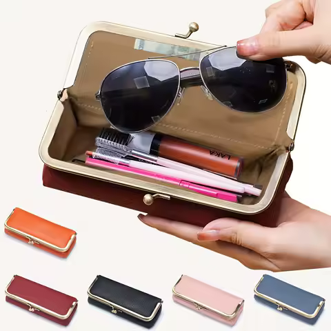 Vintage Fashion Glasses Case - Lightweight Portable Synthetic Faux Leather Storage Box with Kiss Lock Closure