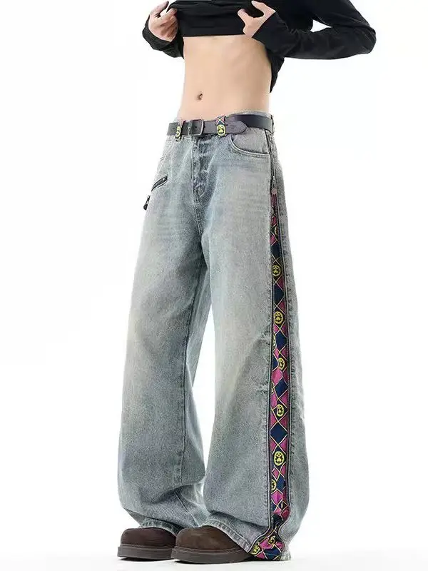Calças Jeans Retrô Americanas com Zíper e Xadrez, Unissex, Primavera, Soltas, Perna Reta, Perna Larga, Comprimento Total