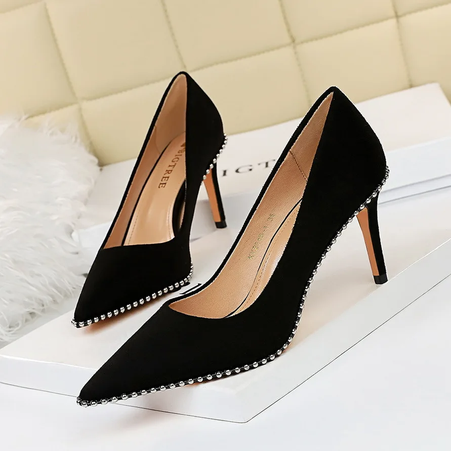 BIGTREE Women Pumps New High Heels Pointed Toe Wedding Rivet Flock 8CM Thin Heels Retro Women Pumps Shoes Bride Platform