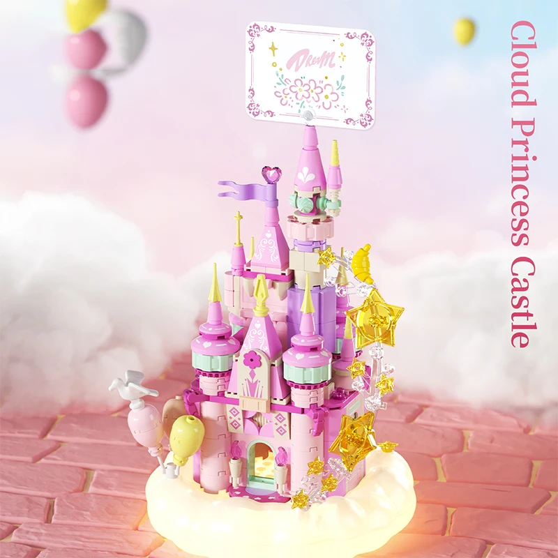 Romantisches Wolkenprinzessinnen-Schloss Bausteine mit Regenbogen-Atmungslichtern DIY Architektur-Spielzeug Schreibtisch-Geschenke für Mädchen